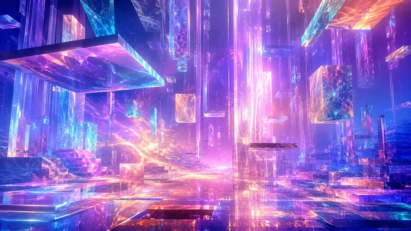 Abstract digital dreamscape of floating transparent crystalline structures and luminous prismatic light.