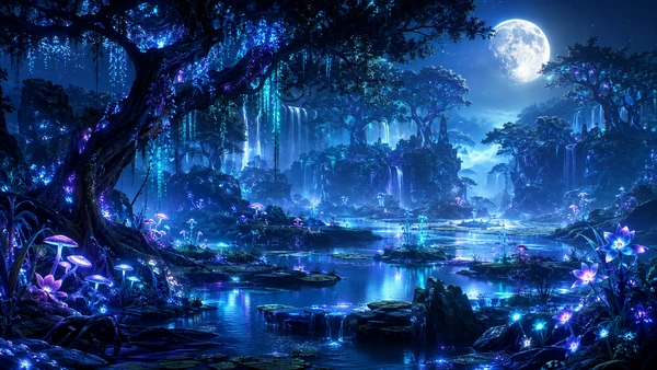 Moonlit bioluminescent forest with glowing flora, giant trees, reflective water and layered waterfalls.