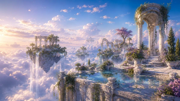 Skybound stone sanctuary with gardens, pools and floating terraces above the clouds.