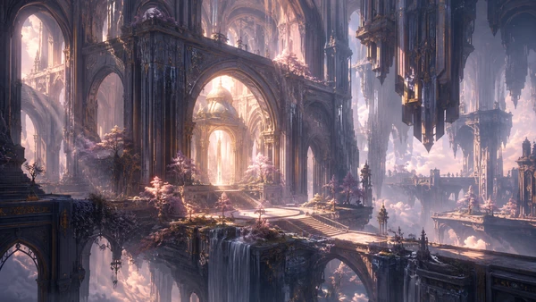 Colossal impossible cathedral with vaulted arches, suspended structures and waterfalls above clouds.