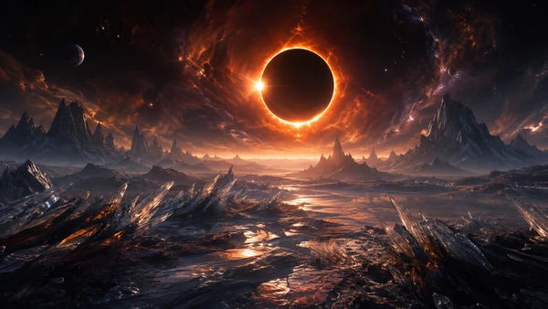 Fiery total eclipse above a dark crystalline alien landscape and jagged mountains.