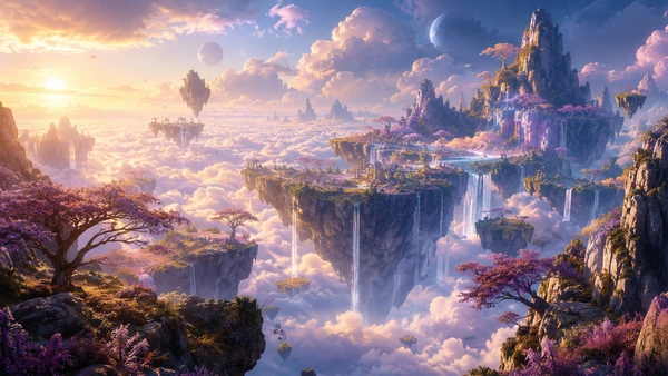 Floating rocky islands with waterfalls and flowering trees above a vast sea of clouds.