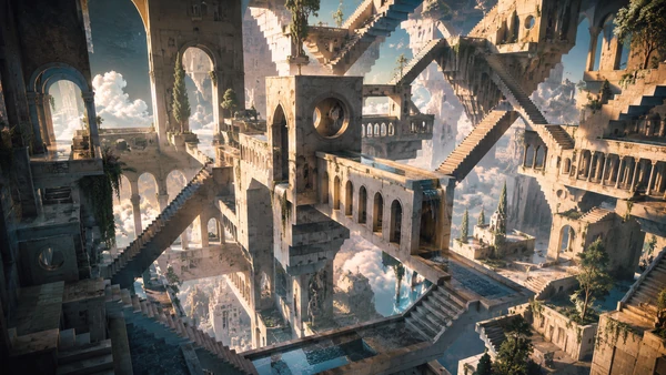 Impossible stone architecture with intersecting stairways, arches and suspended terraces above clouds.