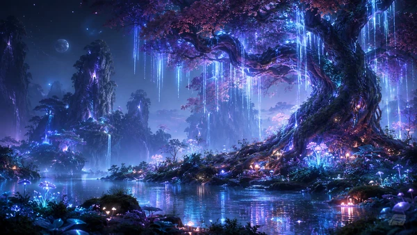 Bioluminescent ancient tree beside reflective water in a glowing surreal forest at night.