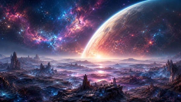 Alien rocky landscape beneath a giant planet and colorful nebula-filled sky.