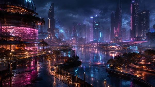 Rainy futuristic megacity with neon-lit towers, reflective water and layered walkways.