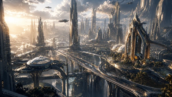 Expansive futuristic metropolis with monumental towers and elevated transit at golden sunset.