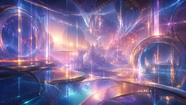 Abstract cosmic dreamscape with luminous arcs, glass-like structures and suspended pathways.