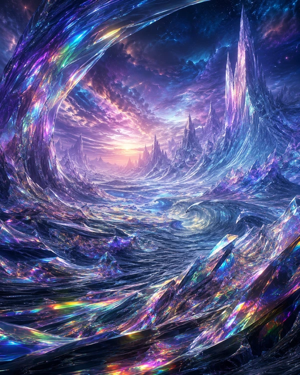 Iridescent crystalline waves and towering prism spires beneath a luminous cosmic sky.