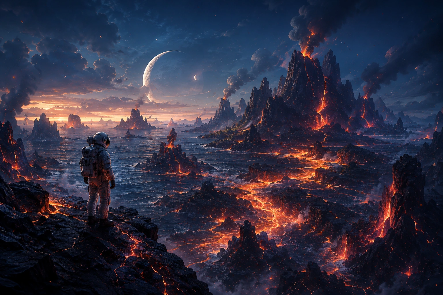 Helmeted astronaut overlooking a volcanic landscape with glowing lava rivers and a large moon in the sky.