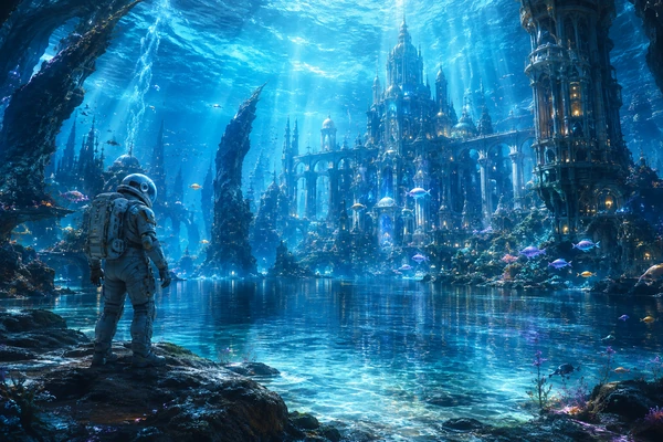 Grand underwater city glowing inside a blue ocean cavern with fish and illuminated towers.