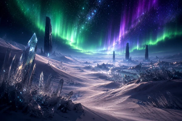 Alien frozen desert filled with tall crystal formations beneath green and violet auroras.