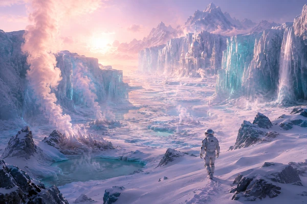 Helmeted astronaut walking across a frozen geothermal valley toward a distant ice citadel.