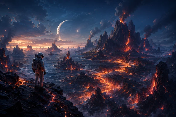 Helmeted astronaut overlooking a volcanic landscape with glowing lava rivers and a large moon in the sky.