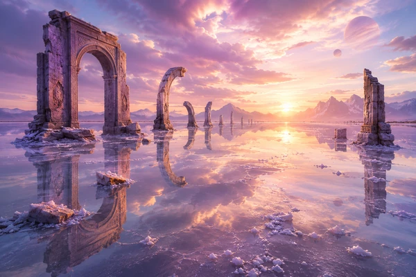 Ancient stone arches reflected in a mirror-like salt lake beneath a pastel sunset and distant planets.