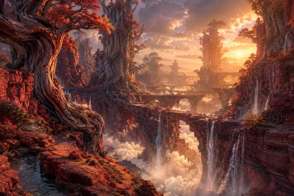 Immense ancient trees and waterfalls spanning a red canyon filled with bridges and golden sunset light.