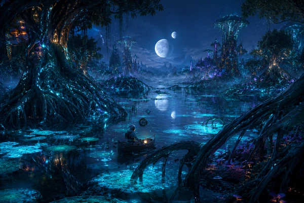 Helmeted explorer in a small boat crossing a glowing alien marsh beneath two moons and enormous trees.